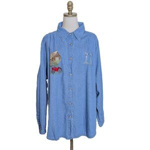 Vintage La Sha Denim Shirt Women's Size 3X Blue Farm Inspired Appliques Country